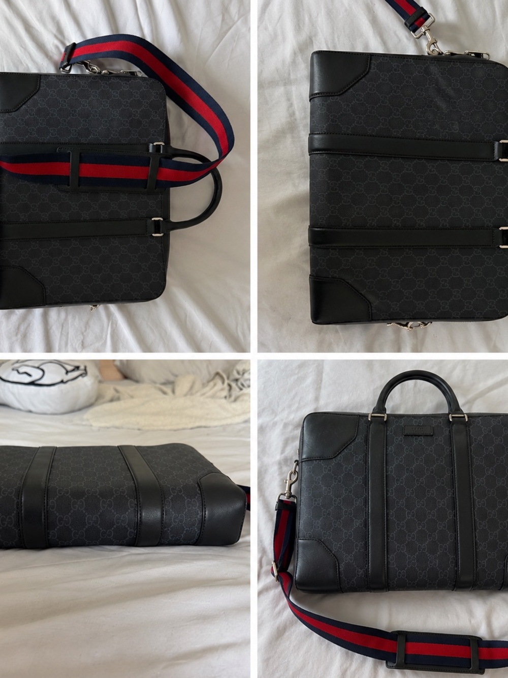 Gucci Black GG Supreme Briefcase with Red and Blue Web Strap